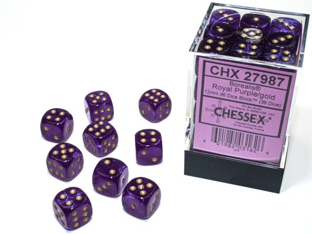 Chessex: Borealis RoyalPurple/Gold 12mm d6 Dice Block (36 Dice) - Collector Store LLC