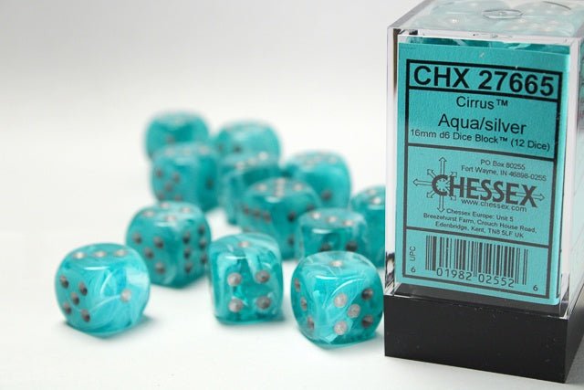 Chessex: Cirrus Aqua/Silver 16mm d6 Dice Block (12 Dice) - Collector Store LLC