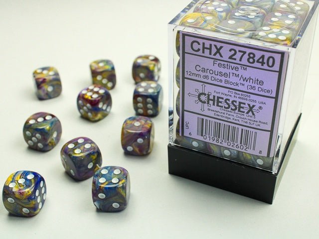 Chessex: Festive Carousel/White 12mm d6 Dice Block (36 Dice) - Collector Store LLC