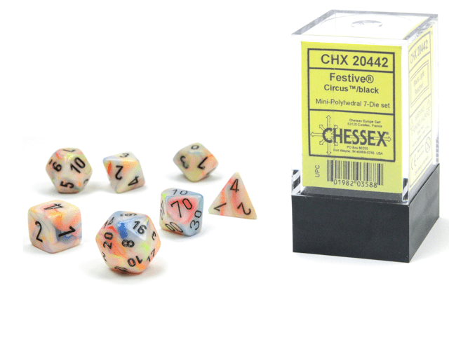 Chessex: Festive Circus/Black MINI Polyhedral 7 - Dice Set - Collector Store LLC