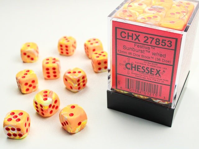 Chessex: Festive Sunburst/Red 12mm d6 Dice Block (36 Dice) - Collector Store LLC