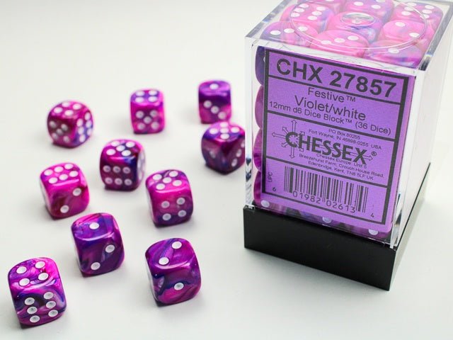 Chessex: Festive Violet/White 12mm d6 Dice Block (36 Dice) - Collector Store LLC