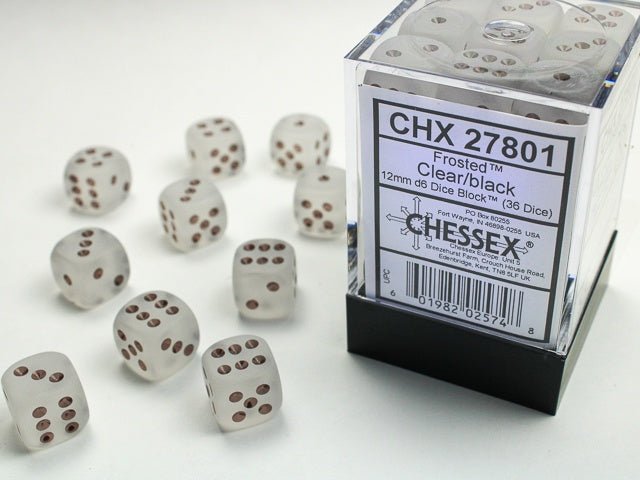 Chessex: Frosted Clear/Black 12mm d6 Dice Block (36 Dice) - Collector Store LLC