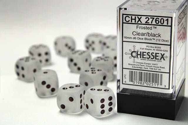 Chessex: Frosted Clear/Black 16mm d6 Dice Block (12 Dice) - Collector Store LLC