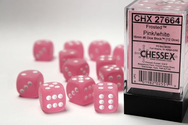 Chessex: Frosted Pink/White 16mm d6 Dice Block (12 Dice) - Collector Store LLC