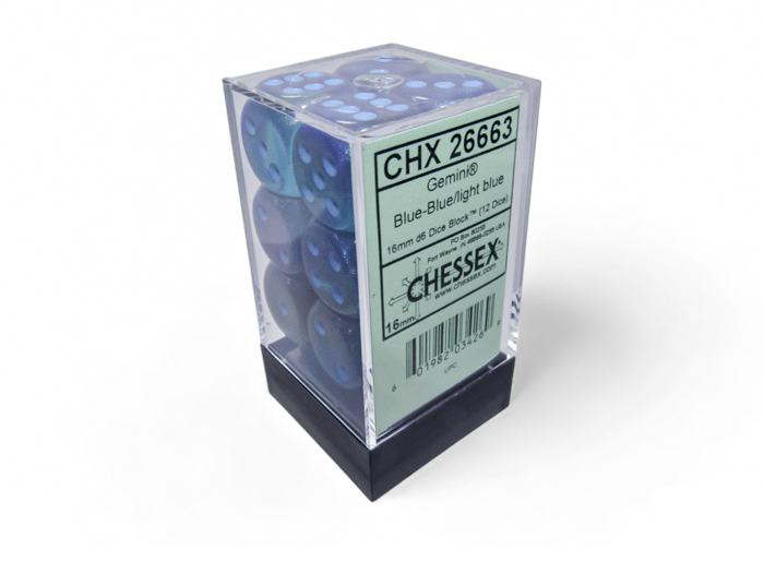 Chessex: Gemini Blue/Blue 16mm d6 Dice Block (12 Dice) - Collector Store LLC
