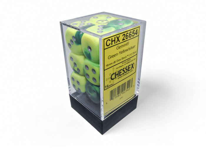 Chessex: Gemini Green/Yellow 16mm d6 Dice Block (12 Dice) - Collector Store LLC