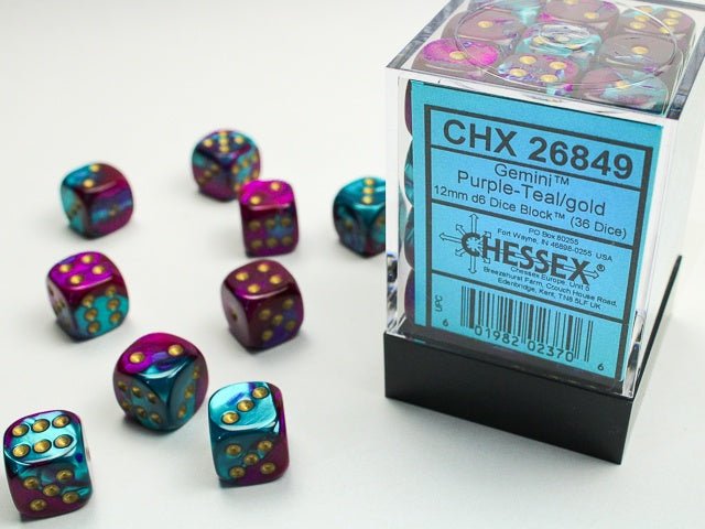 Chessex: Gemini Purple/Teal 12mm d6 Dice Block (36 Dice) - Collector Store LLC