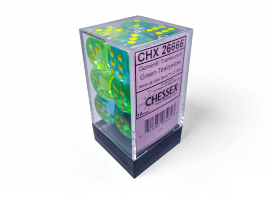 Chessex: Gemini Translucent Grean/Teal 16mm d6 Dice Block (12 Dice) - Collector Store LLC