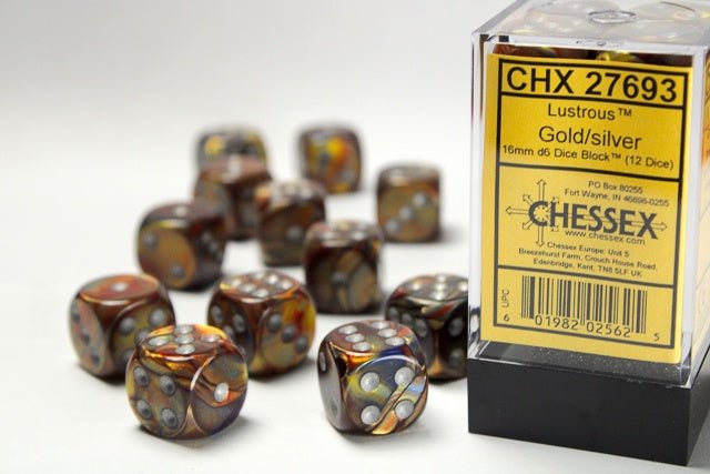 Chessex: Lustrous Gold/Silver 16mm d6 Dice Block (12 Dice) - Collector Store LLC