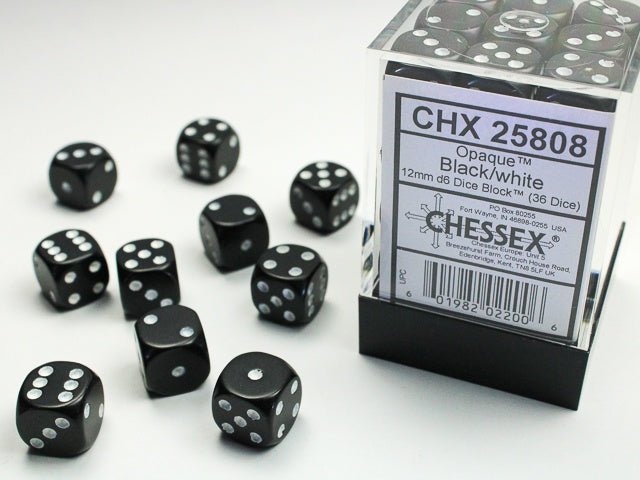 Chessex: Opaque Black/White 12mm d6 Dice Block (36 Dice) - Collector Store LLC