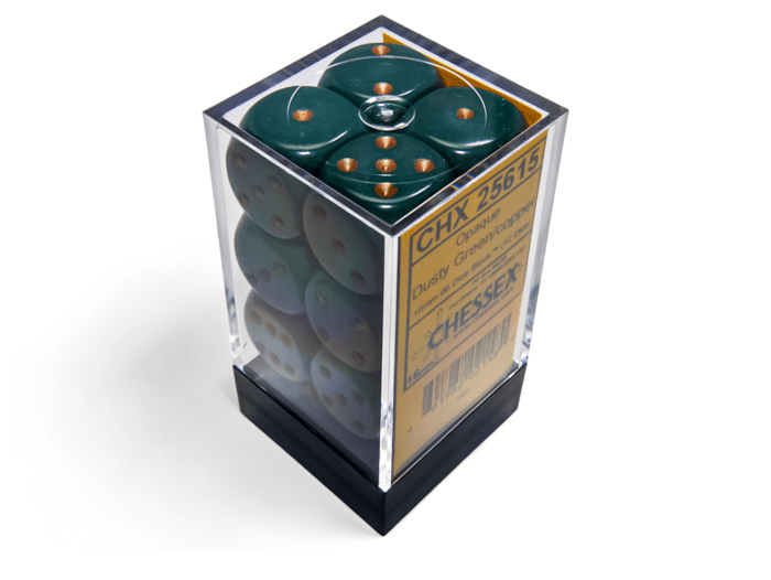Chessex: Opaque DustyGreen/Gold 16mm d6 Dice Block (12 Dice) - Collector Store LLC