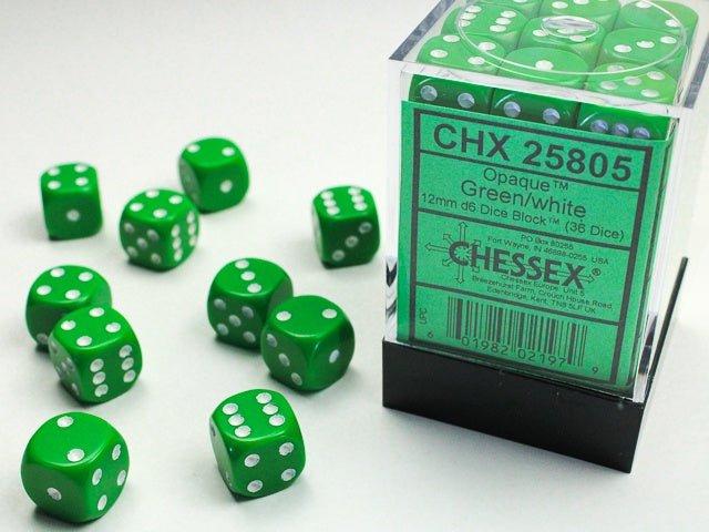 Chessex: Opaque Green/White 12mm d6 Dice Block (36 Dice) - Collector Store LLC