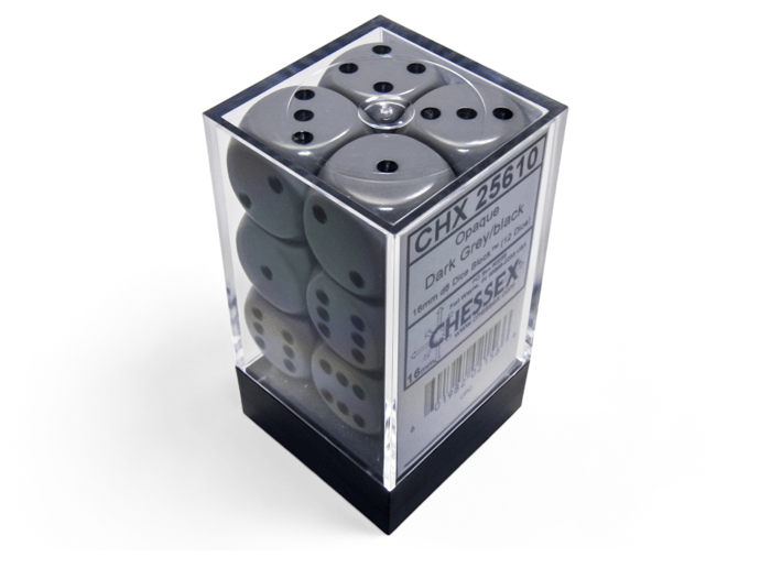Chessex: Opaque Grey/Black 16mm d6 Dice Block (12 Dice) - Collector Store LLC