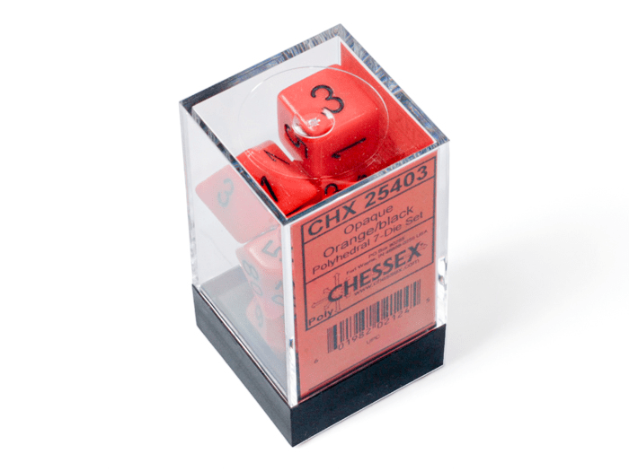 Chessex: Opaque Orange/Black Polyhedral 7 - Dice Set - Collector Store LLC