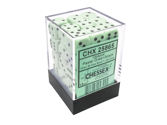 Chessex: Opaque Pastel Green/Black 12mm d6 Dice Block (36 Dice) - Collector Store LLC