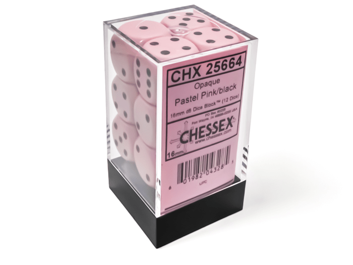 Chessex: Opaque Pastel Pink/Black 16mm d6 Dice Block (12 Dice) - Collector Store LLC