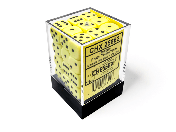 Chessex: Opaque Pastel Yellow/Black 12mm d6 Dice Block (36 Dice) - Collector Store LLC