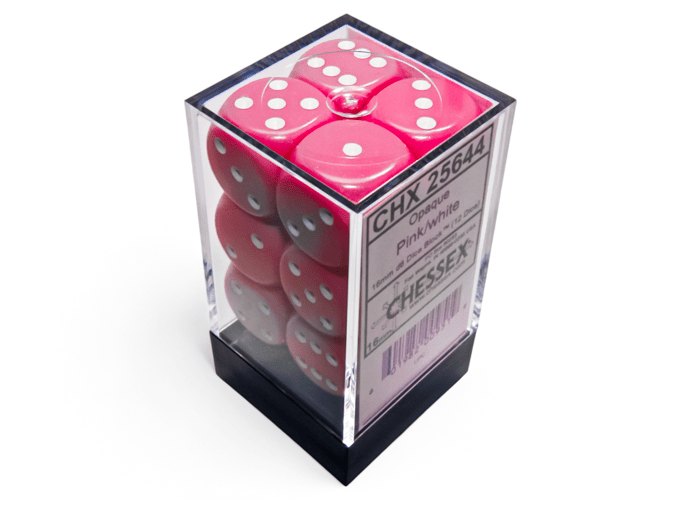 Chessex: Opaque Pink/White 16mm d6 Dice Block (12 Dice) - Collector Store LLC