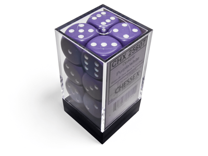Chessex: Opaque Purple/White 16mm d6 Dice Block (12 Dice) - Collector Store LLC