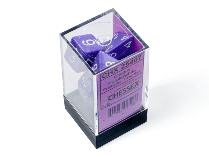 Chessex: Opaque Purple/White Polyhedral 7 - Dice Set - Collector Store LLC