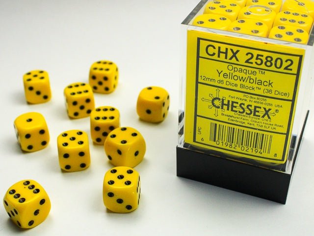 Chessex: Opaque Yellow/Black 12mm d6 Dice Block (36 Dice) - Collector Store LLC