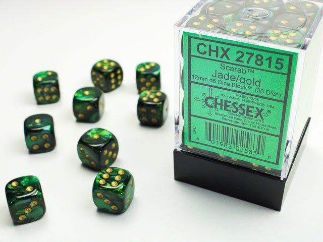 Chessex: Scarab Jade/Gold 12mm d6 Dice Block (36 Dice) - Collector Store LLC
