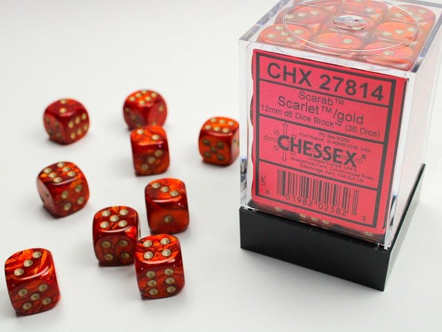 Chessex: Scarab Scarlet/Gold 12mm d6 Dice Block (36 Dice) - Collector Store LLC