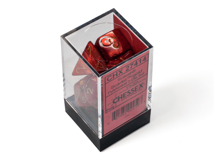 Chessex: Scarab Scarlet/Gold Polyhedral 7 - Dice Set - Collector Store LLC