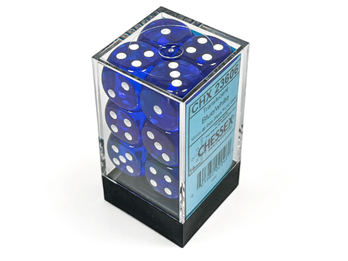 Chessex: Translucent Blue/White 16mm d6 Dice Block (12 Dice) - Collector Store LLC