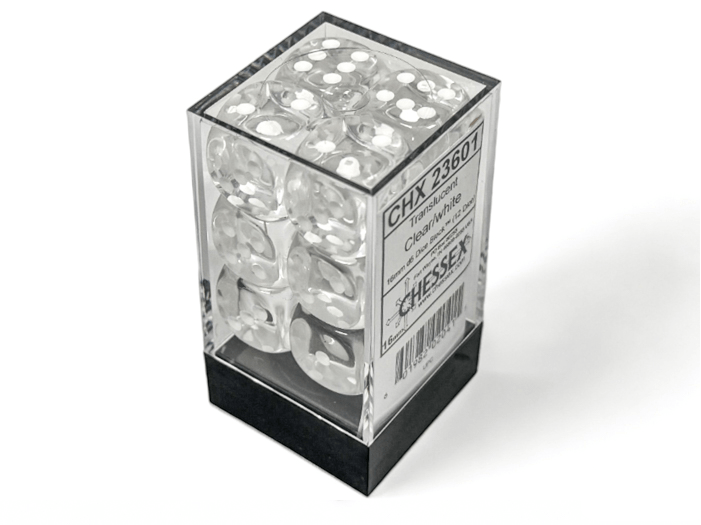 Chessex: Translucent Clear/White 16mm d6 Dice Block (12 Dice) - Collector Store LLC