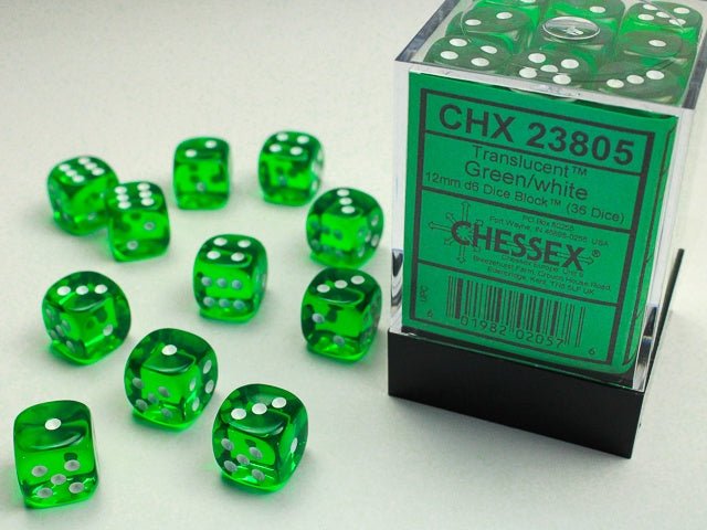 Chessex: Translucent Green/White 12mm d6 Dice Block (36 Dice) - Collector Store LLC