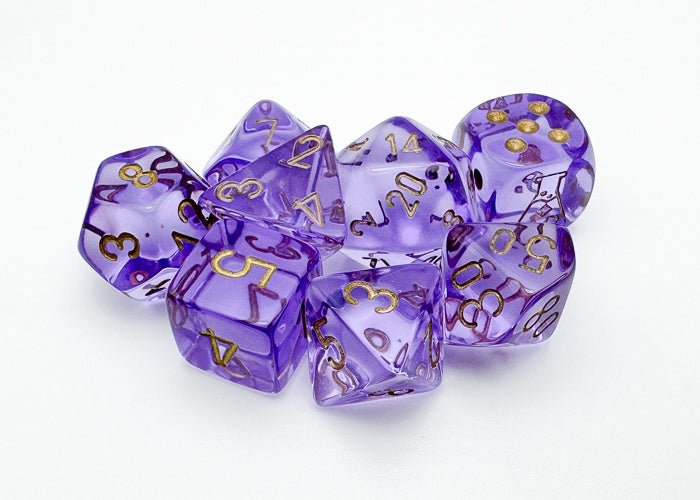 Chessex: Translucent Lavender/Gold Polyhedral 7 - Dice Set (with Bonus Dice) - Collector Store LLC