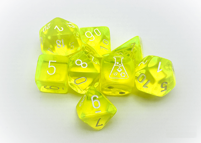 Chessex: Translucent NeonYellow/White Polyhedral 7 - Dice Set (with Bonus Dice) - Collector Store LLC