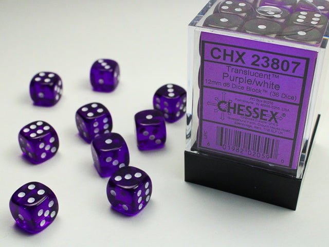 Chessex: Translucent Purple/White 12mm d6 Dice Block (36 Dice) - Collector Store LLC