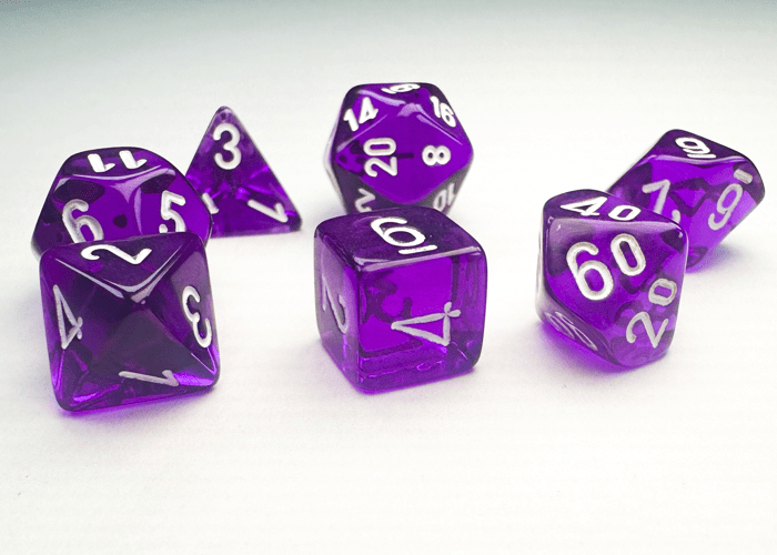 Chessex: Translucent Purple/White MINI Polyhedral 7 - Dice Set - Collector Store LLC