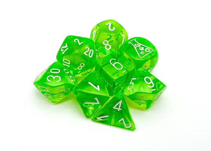 Chessex: Translucent RadGreen/White Polyhedral 7 - Dice Set (with Bonus Dice) - Collector Store LLC