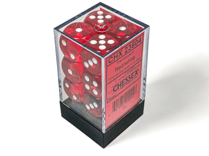 Chessex: Translucent Red/White 16mm d6 Dice Block (12 Dice) - Collector Store LLC