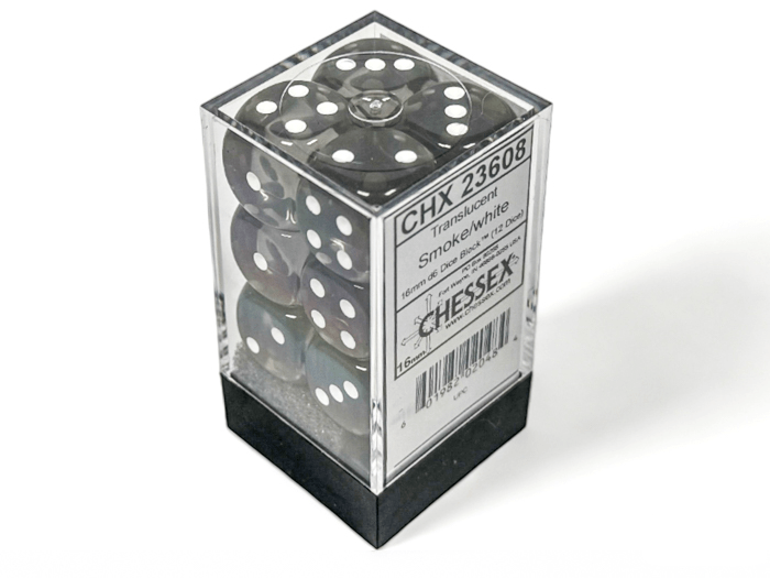 Chessex: Translucent Smoke/White 16mm d6 Dice Block (12 Dice) - Collector Store LLC