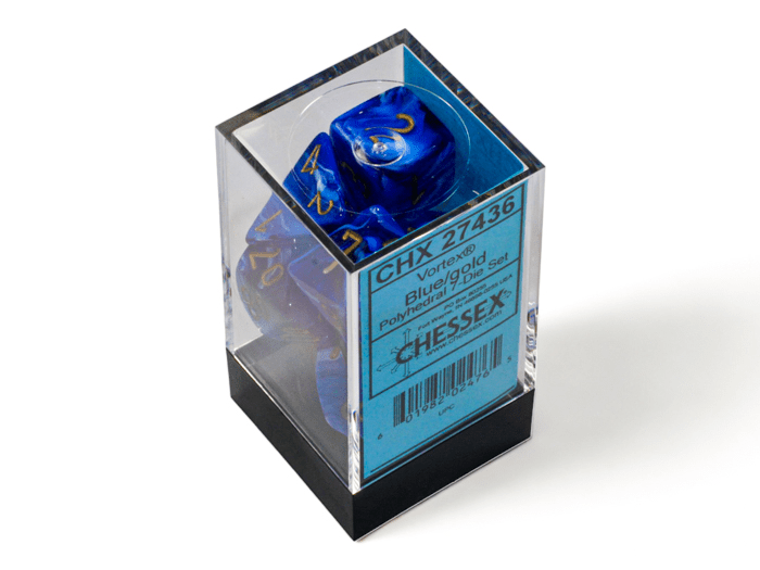 Chessex: Vortex Blue/Gold Polyhedral 7 - Dice Set - Collector Store LLC