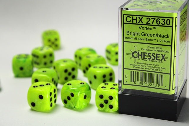 Chessex: Vortex BrightGreen/Black 16mm d6 Dice Block (12 Dice) - Collector Store LLC