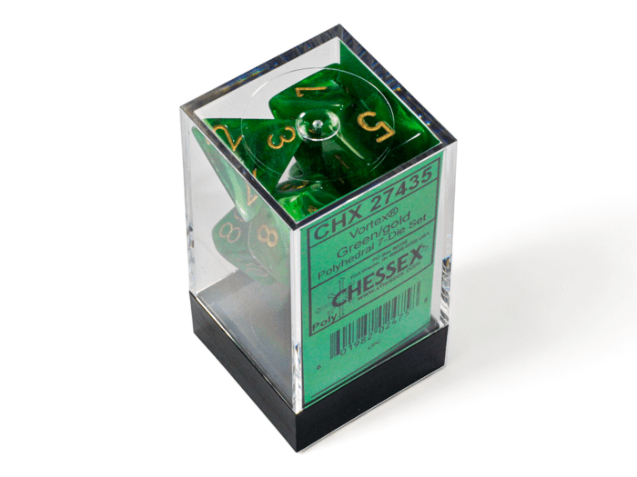 Chessex: Vortex Green/Gold Polyhedral 7 - Dice Set - Collector Store LLC