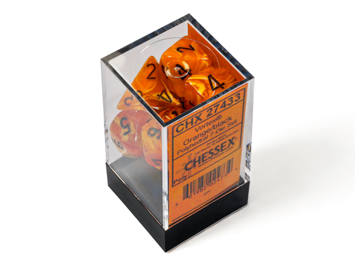 Chessex: Vortex Orange/Black Polyhedral 7 - Dice Set - Collector Store LLC