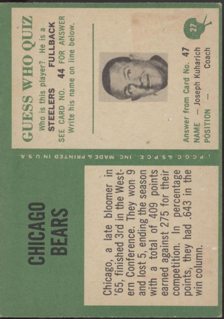 Chicago Bears 1966 Philadelphia Team Card #27 VG - EX - Collector Store LLC