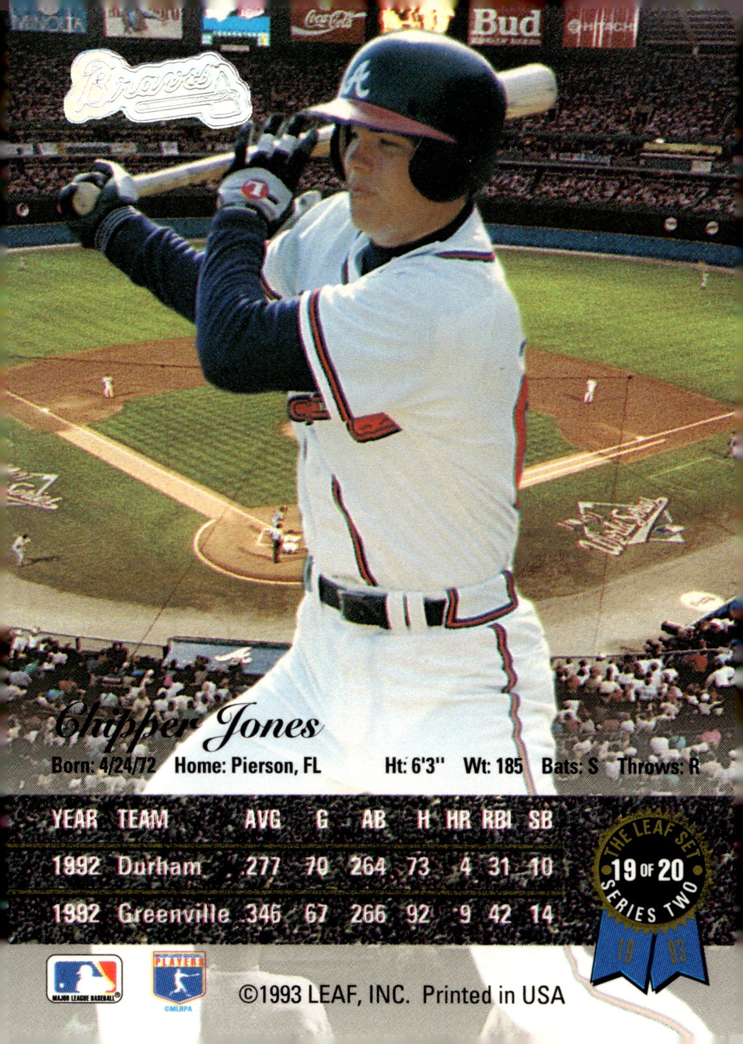 Chipper Jones 1993 Leaf Series 2 Gold Rookies 19 - Collector Store LLC
