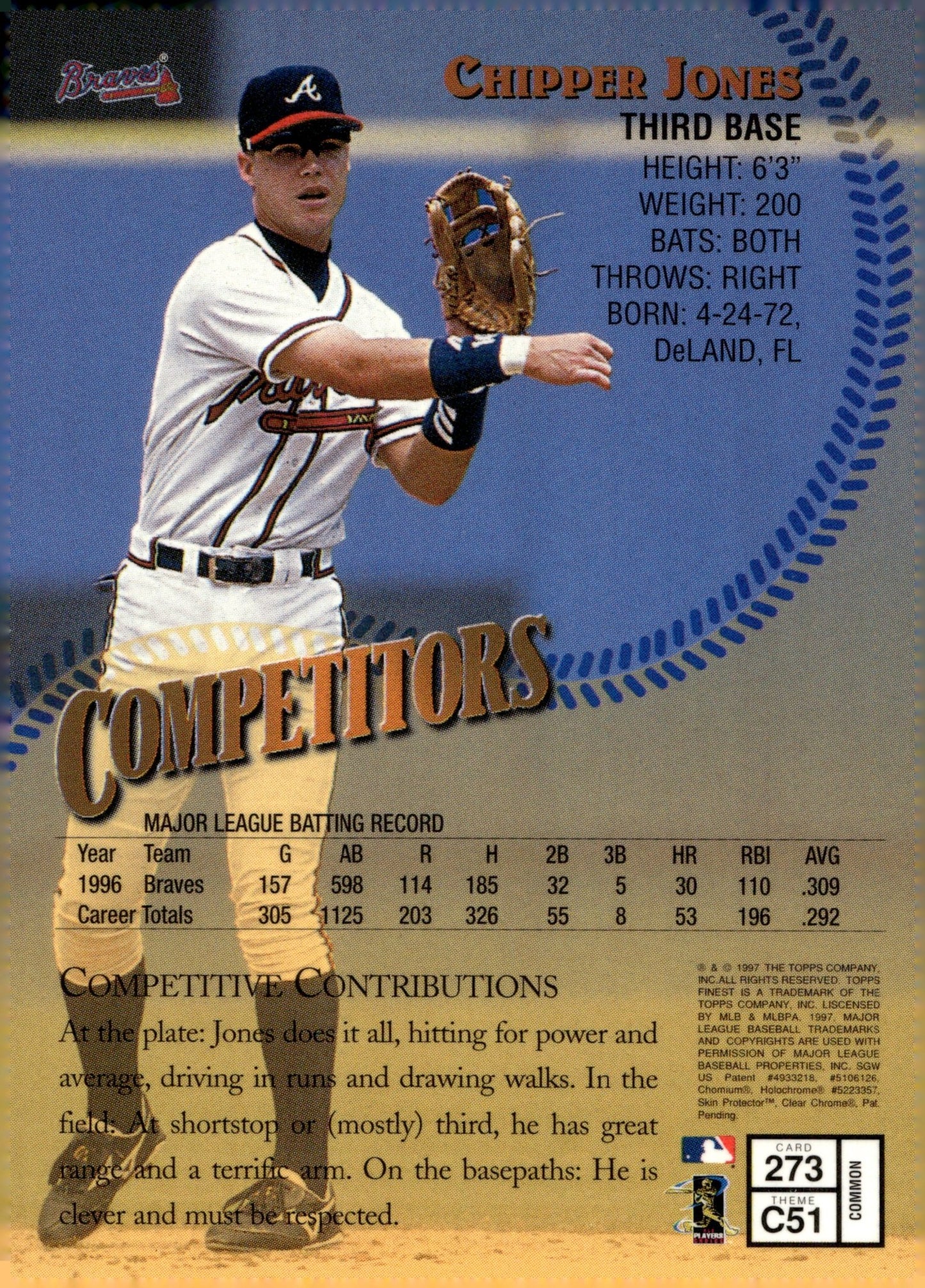 Chipper Jones 1997 Topps Finest Competitors with Coating #273 - Collector Store LLC