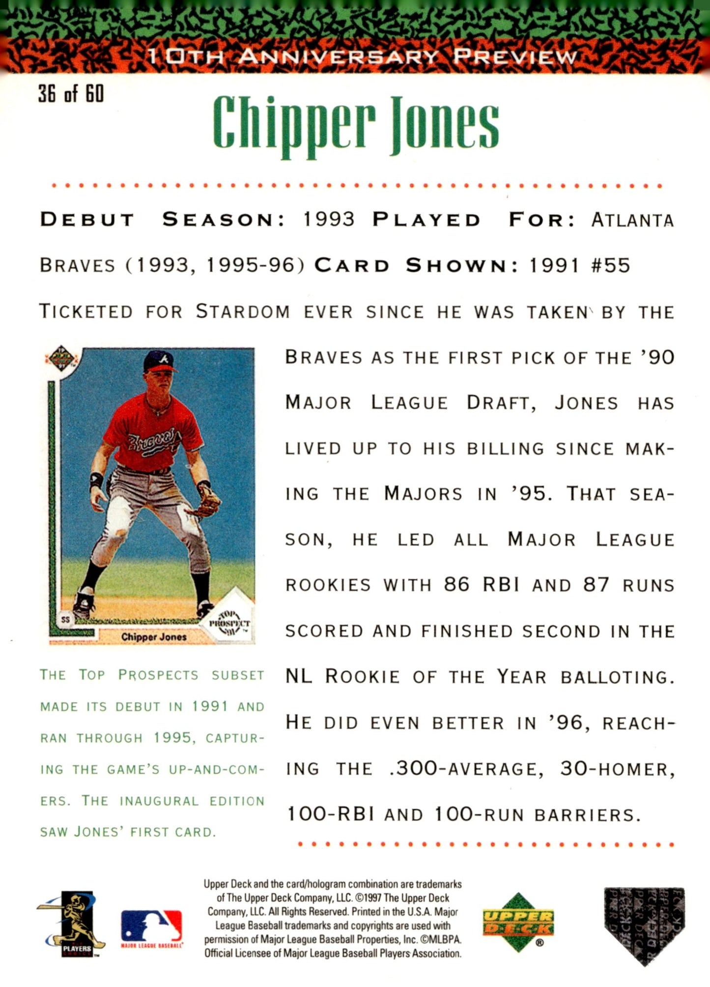 Chipper Jones 1997 Upper Deck 10th Anniversary Preview 36 - Collector Store LLC