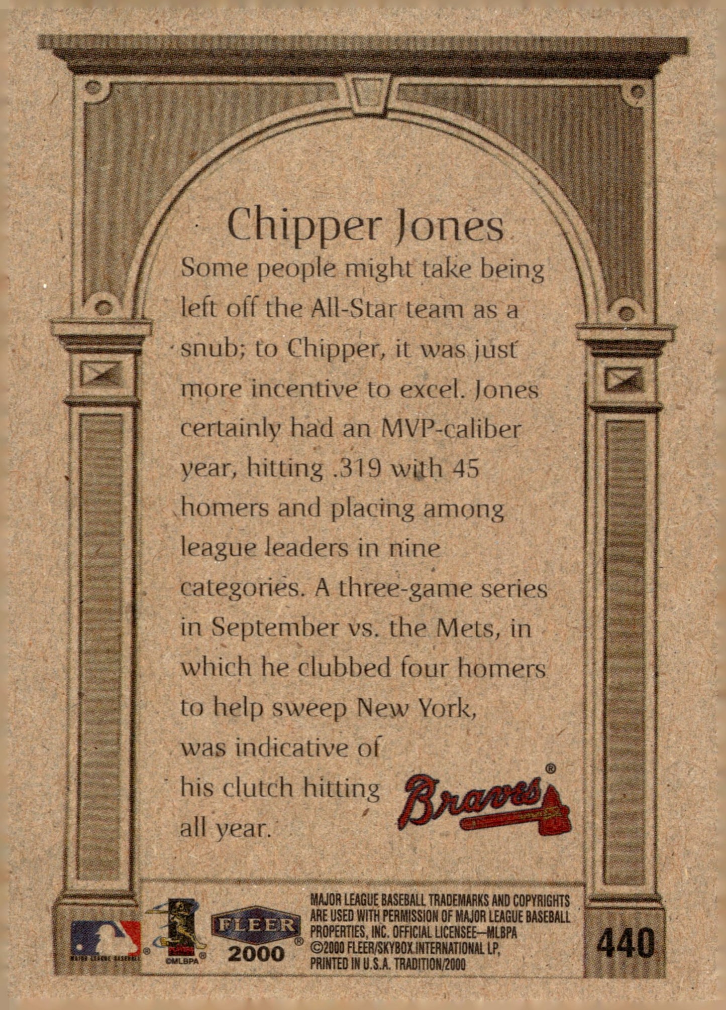 Chipper Jones 2000 Fleer Tradition Award Winner 440 - Collector Store LLC