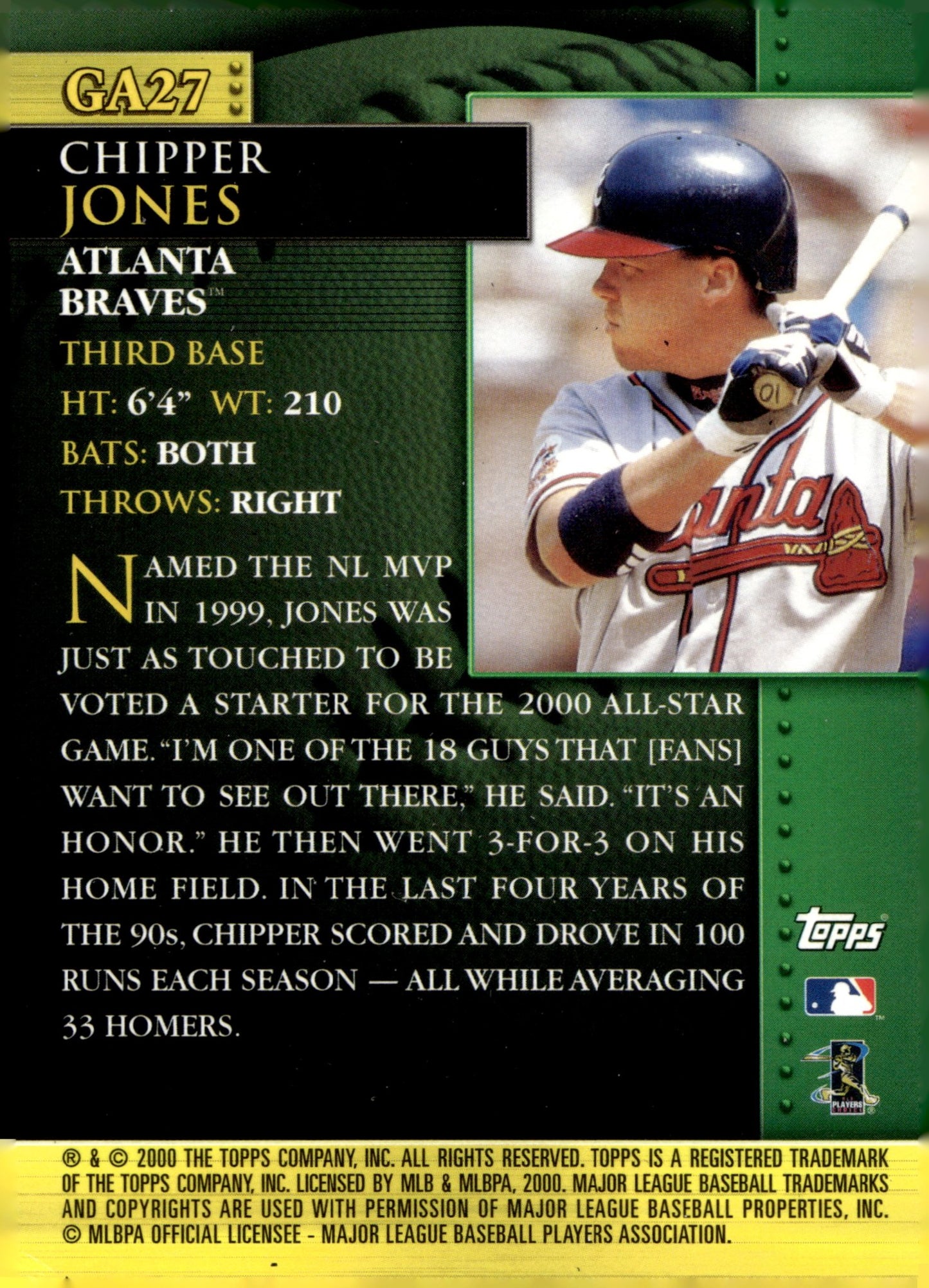 Chipper Jones 2000 Topps Glistening Gold GA27 - Collector Store LLC