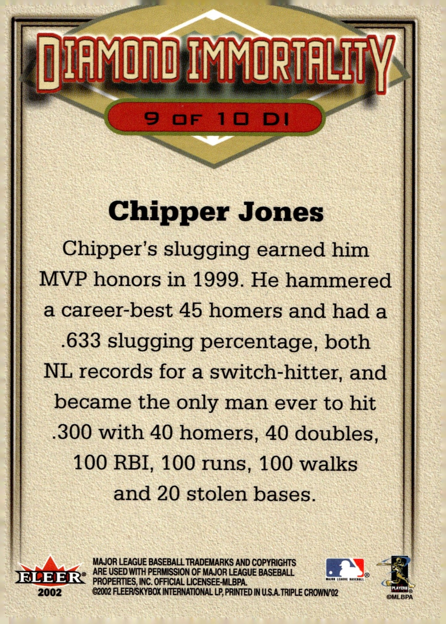 Chipper Jones 2002 Fleer Triple Crown Diamond Immortality 9 - Collector Store LLC